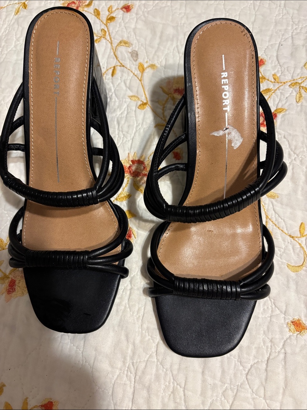 Report Black Strappy Square-Toe Slide Heels